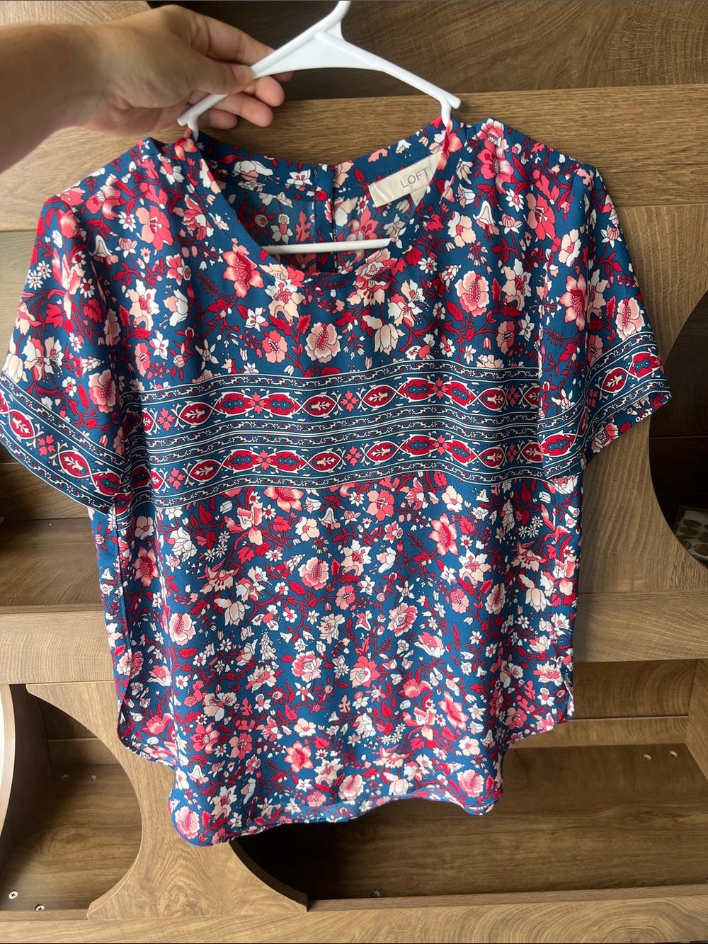 LOFT Navy Floral Short-Sleeve Blouse with Pink and White Flowers